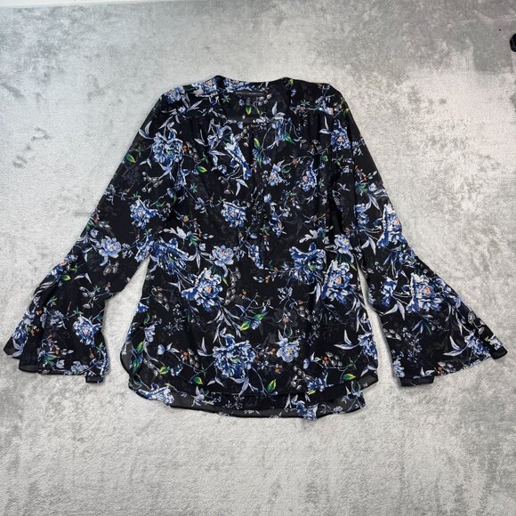 WHBM Ruffle Blouse V-Neck Bell Sleeves Sheer Flowy Romantic Boho Chic Sz 10 - Picture 3 of 10